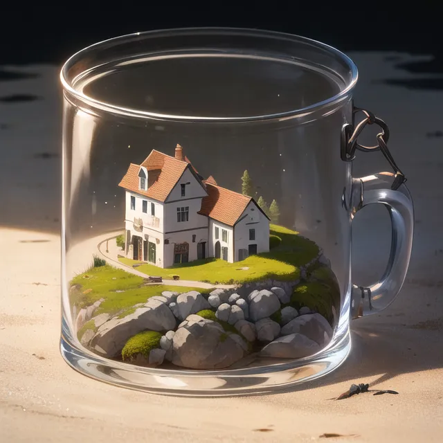 The image is a digital painting of a glass cup filled with a miniature house and landscape. The house is a two-story structure with a red roof and white walls. It is surrounded by a small yard with green grass and a few rocks. The cup is sitting on a wooden table. The background is a blurred image of a beach with the ocean in the distance.