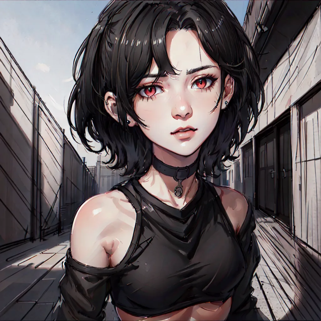 The image is a painting of a young woman with short black hair and red eyes. She is wearing a black choker and a black crop top. She is standing in a dark alleyway, and the light from the sun is shining down on her. The painting is done in a realistic style, and the artist has paid close attention to the details of the woman's face and clothing. The woman's expression is one of defiance, and she seems to be daring the viewer to approach her. The painting is both beautiful and thought-provoking, and it is sure to leave a lasting impression on the viewer.