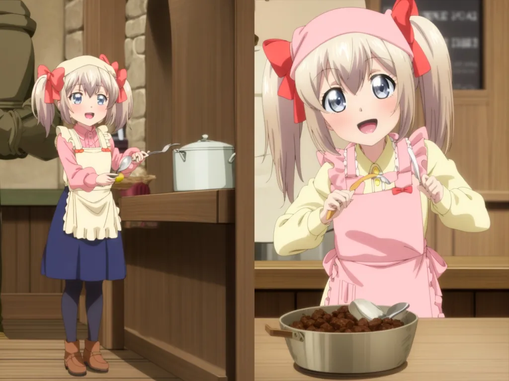 The image shows a little girl with short blonde hair and blue eyes. She is wearing a pink apron and a yellow dress. She is in a kitchen and is holding a fork and a spoon. In the left picture, she is stirring a pot of food. In the right picture, she is holding a fork and a knife and looks excited.