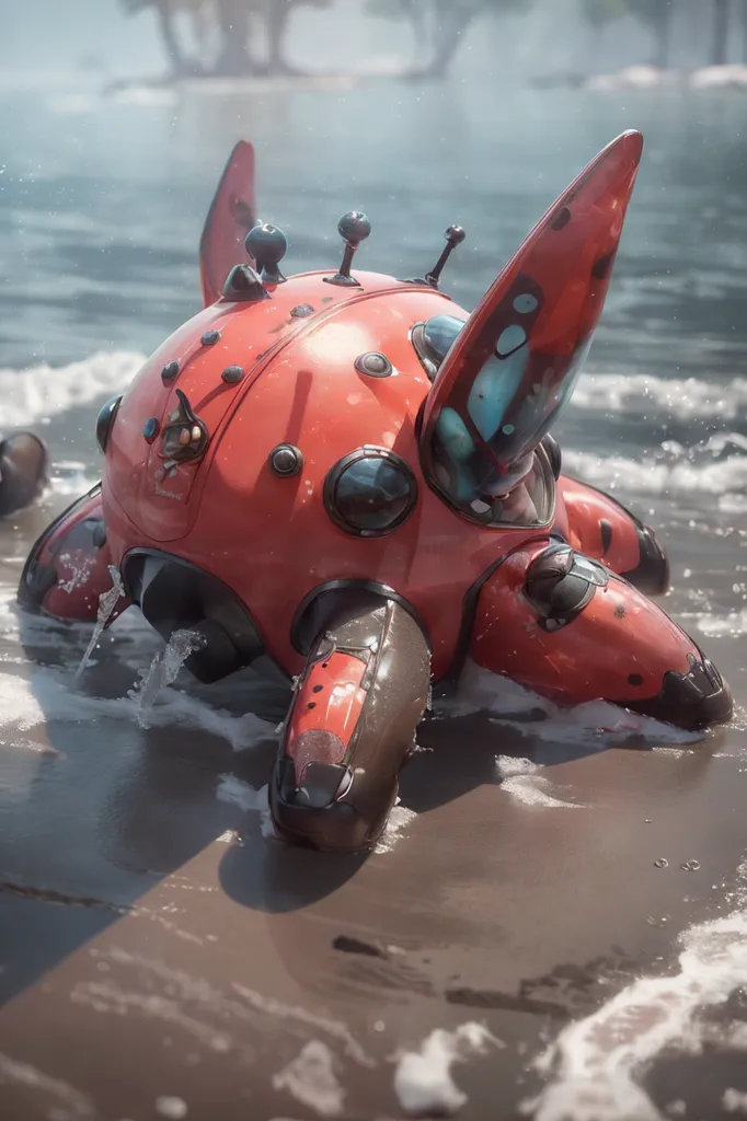 The image shows a red and black robot that is sitting on the beach. The robot has a round body with a large eye on the front and two small eyes on the top. It also has four legs with wheels on the end of each one. The robot is sitting in the water and there are waves crashing against it.