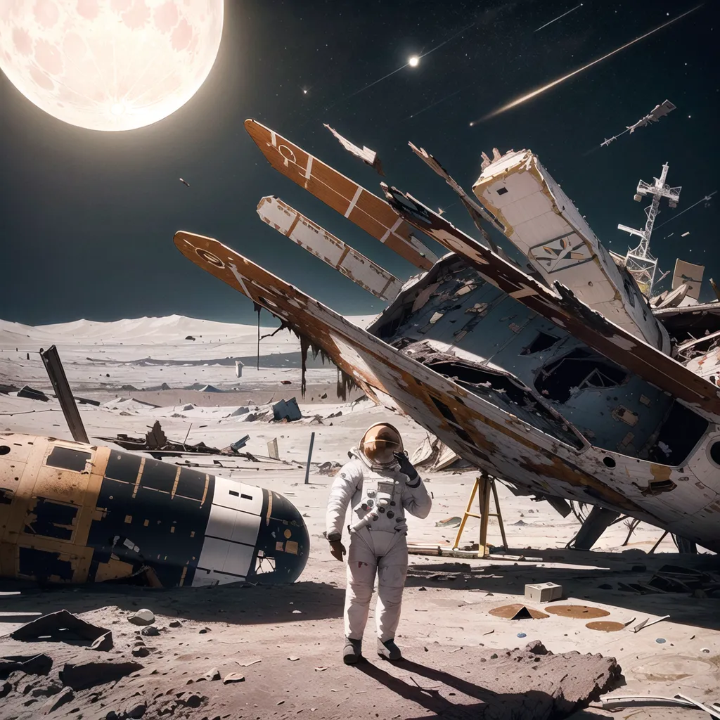 The image shows a scene on the moon. There is a full moon in the background, and a wrecked spaceship in the foreground. The spaceship is lying on its side, and there is a large hole in its hull. There is also a large piece of debris from the spaceship that has been thrown some distance away. There is an astronaut standing in front of the wreckage. The astronaut is wearing a white spacesuit and a helmet. They are looking at the wreckage. There are also some other pieces of debris scattered around the moon's surface.