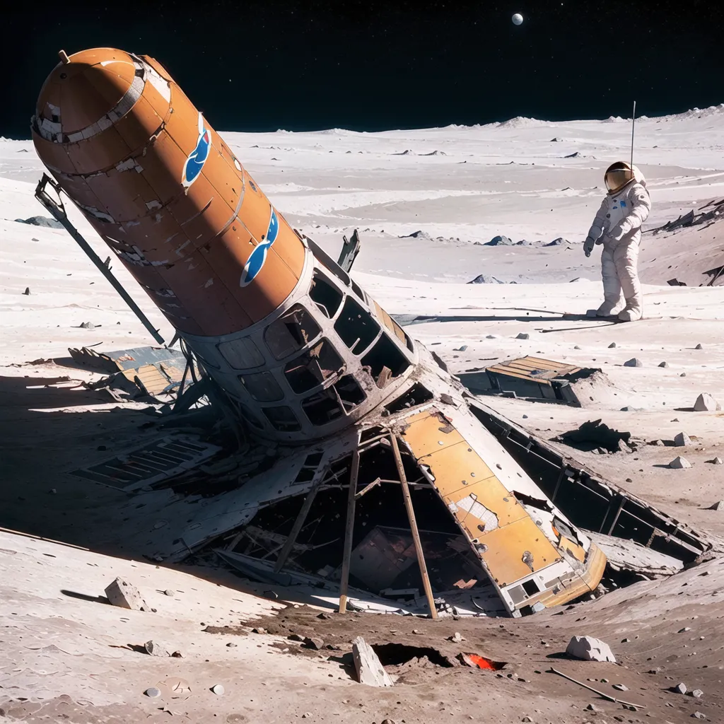 La imagen muestra una escena en la luna. Hay un cohete naranja grande que se ha estrellado contra la superficie lunar. El cohete está tumbado de lado y su nariz está enterrada en la superficie de la luna. El cohete tiene una gran abolladura en su costado y sus ventanas están agrietadas. Hay un astronauta de pie junto al cohete. El astronauta lleva un traje espacial blanco y un casco. El astronauta está mirando el cohete. En el fondo, hay un gran cráter en la superficie de la luna. El cráter está lleno de rocas y cantos rodados grandes.