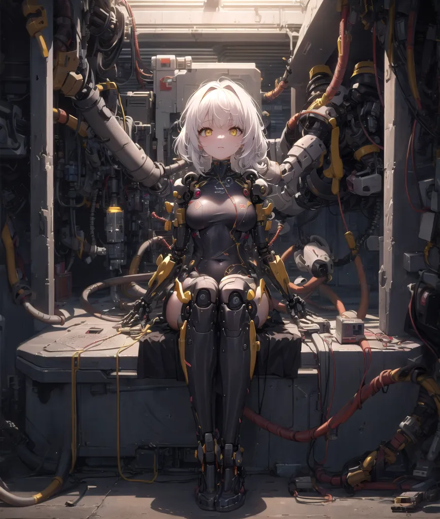 The image is of a female character with white hair and yellow eyes. She is wearing a black and yellow bodysuit with a lot of technological details. She is sitting on a platform in a room with a lot of machinery. The room is dark and there is a spotlight on her. The character is looking at the viewer with a serious expression.