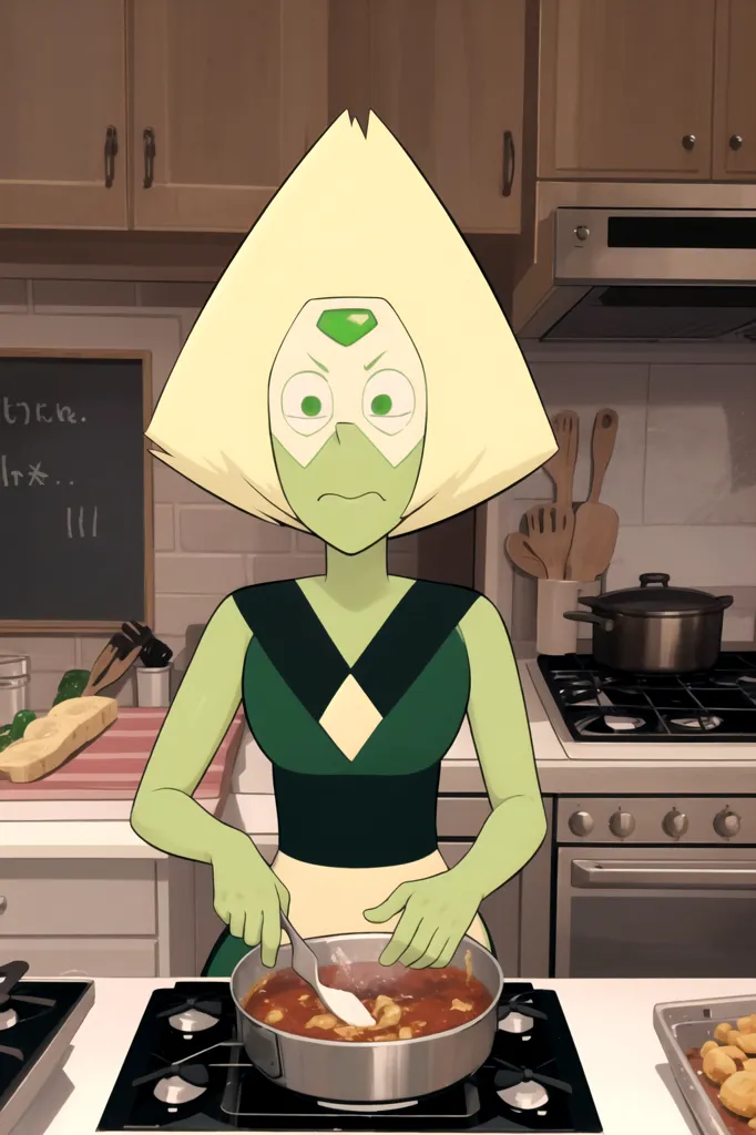 A imagem mostra um personagem de desenho animado, Peridot, do programa Steven Universe. Ela está na cozinha, usando um avental verde sobre seu traje habitual. Ela está cozinhando algo em uma panela no fogão e tem uma expressão séria no rosto. A cozinha é decorada com armários brancos e eletrodomésticos de aço inoxidável. Há um quadro-negro na parede com algumas anotações.