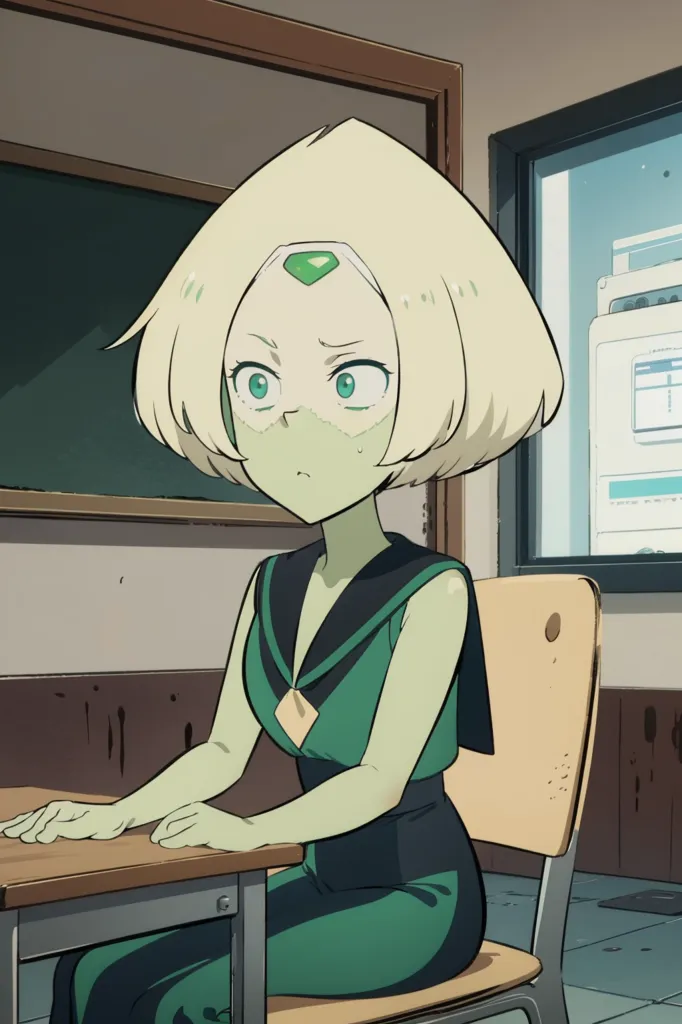 The image is of a green-skinned girl with short blonde hair and a diamond-shaped gemstone on her forehead. She is wearing a green dress with a white collar and a yellow diamond-shaped brooch. She is sitting in a chair in a classroom, looking at the viewer with an irritated expression on her face. There is a chalkboard behind her and a computer on a desk to her right. The image is drawn in a semi-realistic style, with the characters having realistic proportions and shading, but with simplified facial features and bright colors.