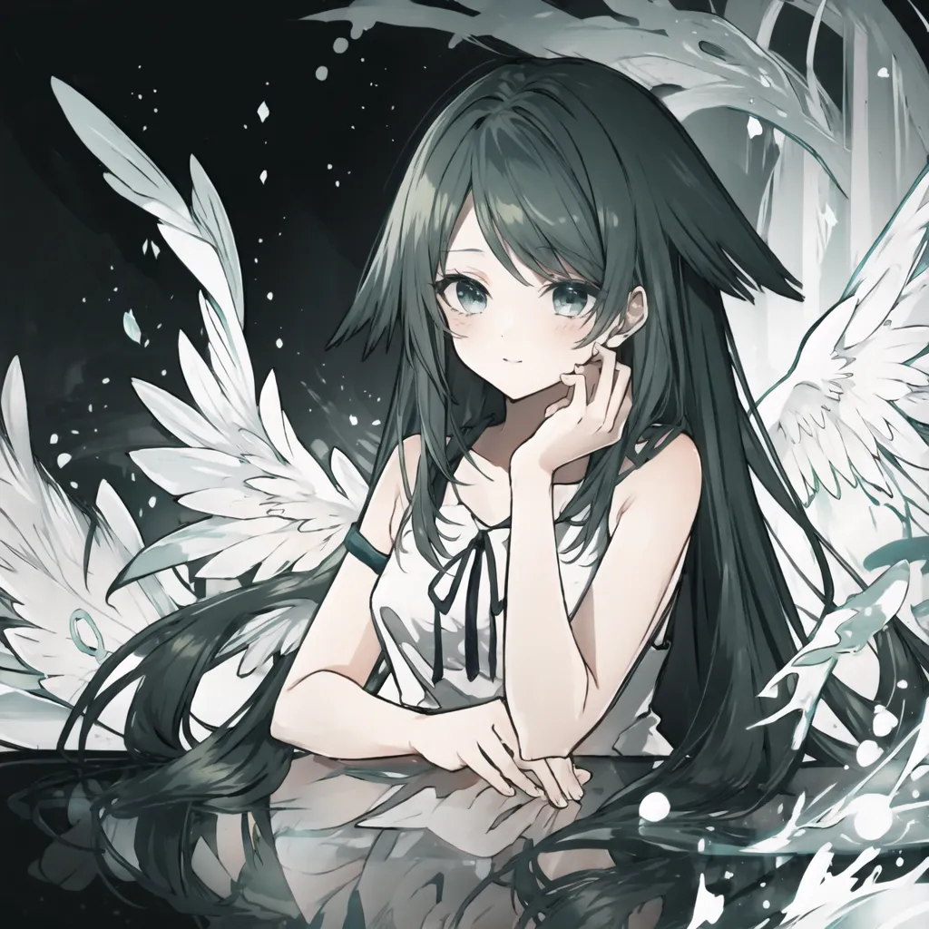 The image is of an anime-style girl with long green hair and white and blue eyes. She is wearing a white dress with a blue ribbon. She has white and blue angel wings. She is sitting on a glass table with her chin resting on her hand. She is looking at the viewer with a gentle smile on her face. The background is dark with a few white and blue lights.