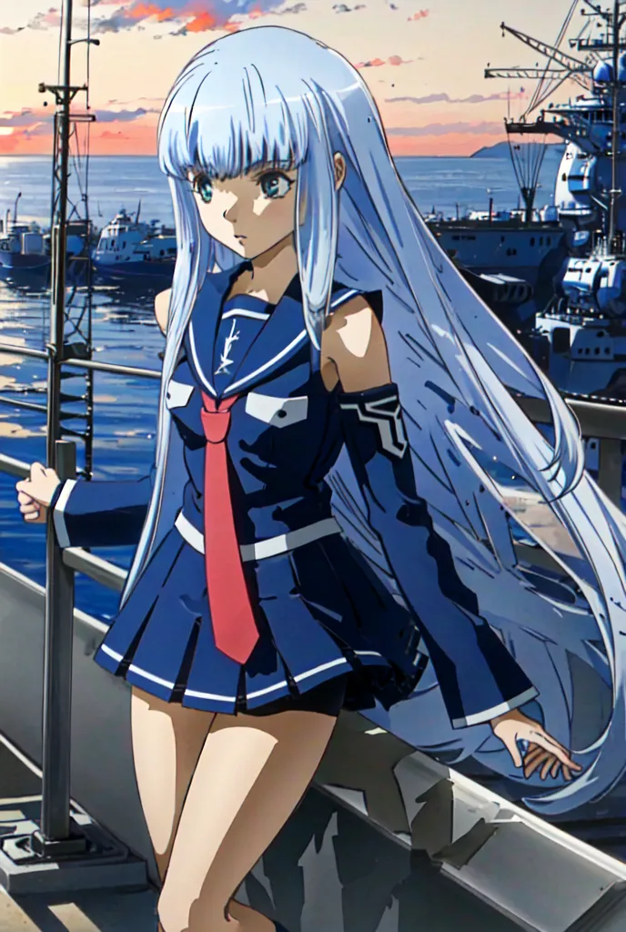 Esta é uma imagem de uma personagem feminina com cabelos azuis longos, olhos azuis e uma gravata vermelha. Ela está usando um uniforme de marinheiro azul-escuro com uma saia pregueada. Ela está em pé em um corrimão em frente a um grande corpo de água com navios ao fundo.