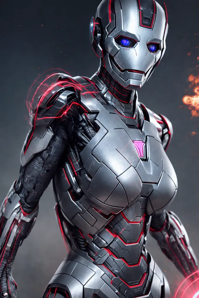 The image is a digital painting of a female robot. She is wearing a grey and red armor with a glowing blue arc reactor on her chest. Her eyes are also glowing blue. She is standing in a dark background with fire on her right.