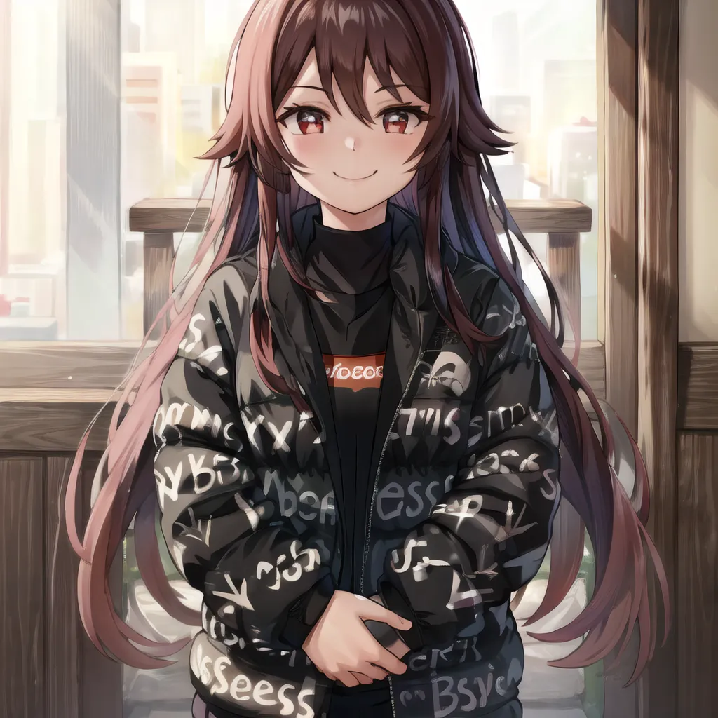 The image is of an anime girl with long brown hair and red eyes. She is wearing a black jacket with white and red text written all over it. The jacket is open, showing a white turtleneck sweater underneath. She is also wearing black pants and red sneakers. She has a small smile on her face and is looking at the viewer. She is standing in front of a wooden door.