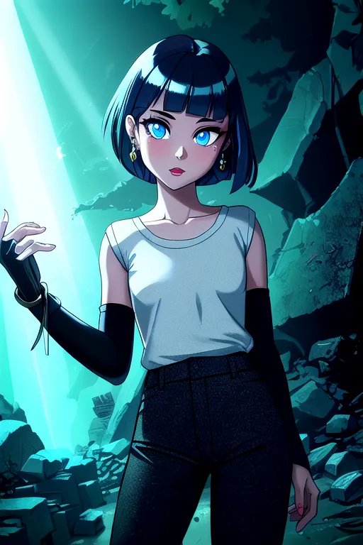 This is an image of a young woman with short blue hair and blue eyes. She is wearing a white tank top and black pants. She is standing in a dark, rocky environment. There is a bright light coming from the top of the image. She has her right hand raised and is looking at it with a serious expression on her face.