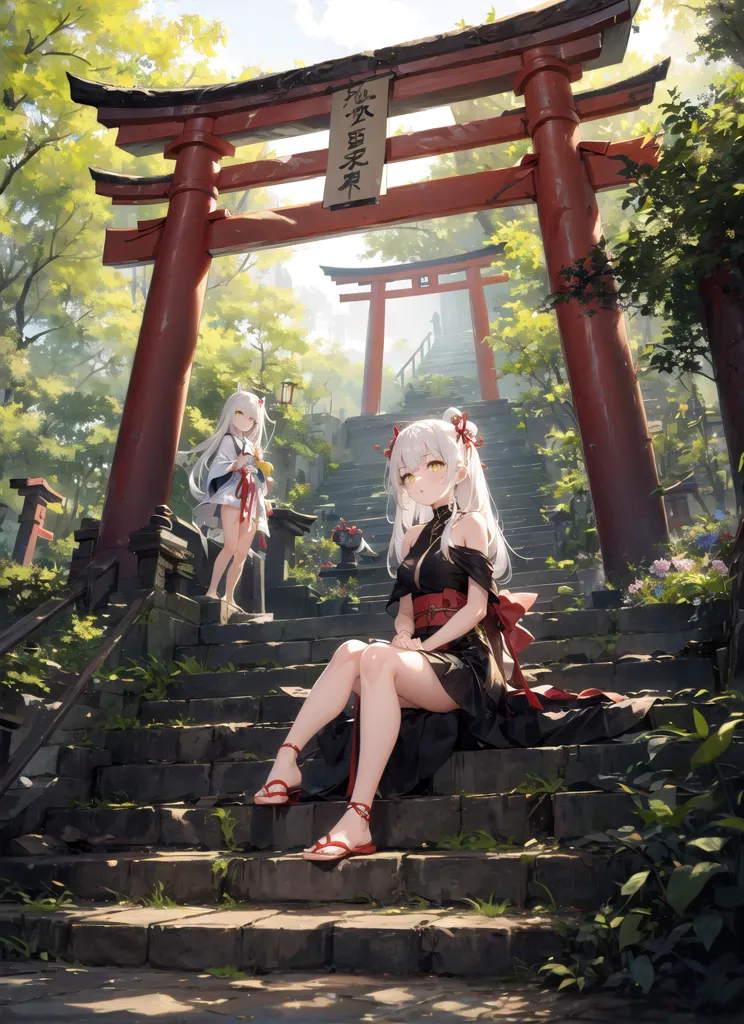 There is a shrine gate with a large red torii and a smaller one behind it. There are some trees and bushes around the shrine. A girl with white hair and yellow eyes is sitting on the stairs of the shrine. She is wearing a black kimono with a red sash and red sandals. There is another girl with white hair and yellow eyes standing on the stairs behind her. She is wearing a white kimono with a red sash and white sandals.