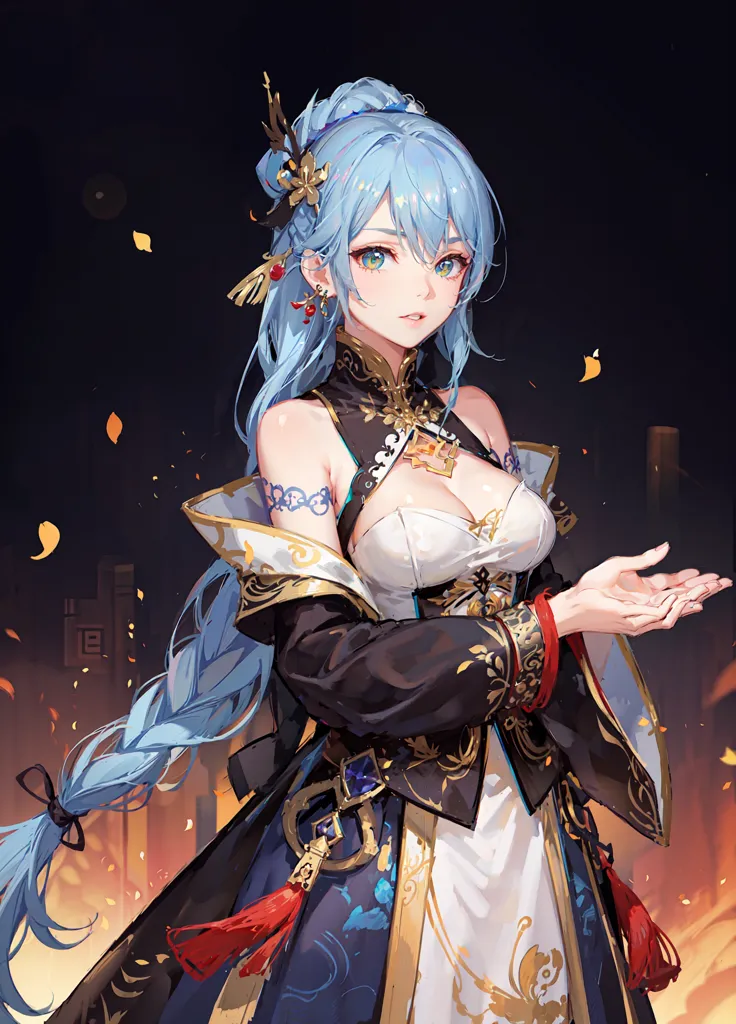 The picture shows a beautiful anime girl with long blue hair and blue eyes. She is wearing a white and black cheongsam-style dress with gold and red accents. The dress has a plunging neckline and is sleeveless, showing off her ample cleavage and shoulders. She is also wearing a red and gold headdress and has a red ribbon tied around her neck. She is standing in front of a dark background with a few orange and red leaves falling around her.