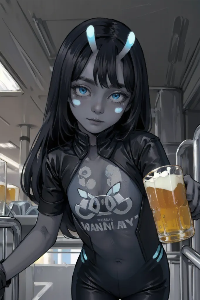 This is an image of a young woman with long black hair and blue eyes. She is wearing a black jumpsuit-style outfit with blue highlights and a white logo on the chest that says "Wannilay." She is also wearing a pair of black gloves. She is holding a glass of beer in her right hand. She is standing in front of a gray background with a large number of pipes and tubes visible behind her.