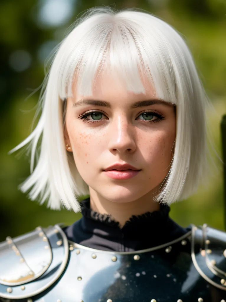 The image is a portrait of a young woman with short white hair and green eyes. She is wearing a black turtleneck blouse and a silver breastplate. The background is blurred and looks like a forest. The woman's expression is serious and intense. She is looking directly at the viewer.