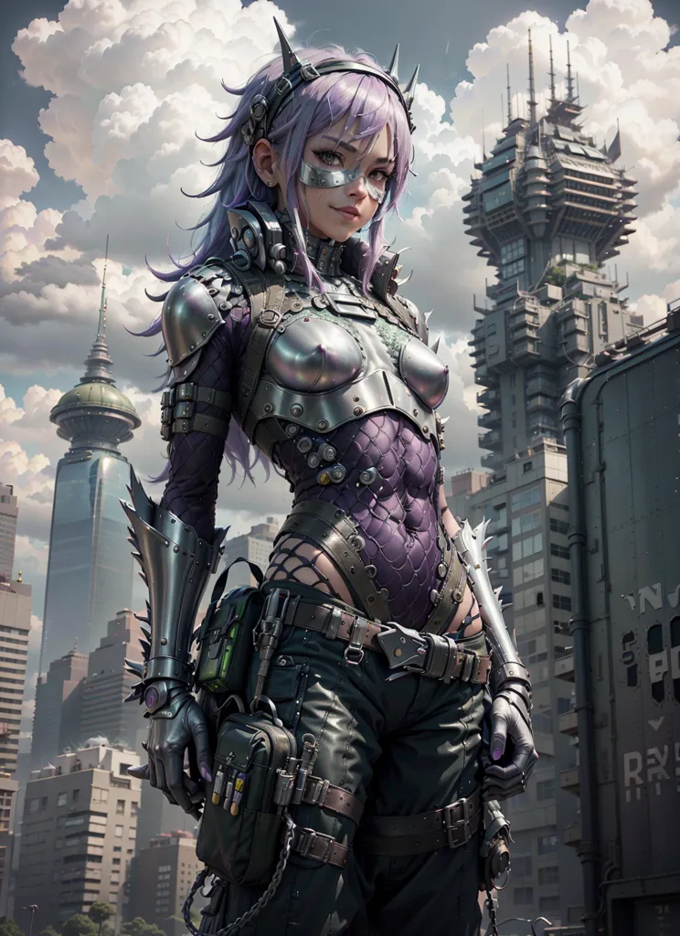 The image is of a female with purple hair and silver eyes. She is wearing a black and silver bodysuit with a lot of metal plating and straps. She is also wearing a pair of black boots and a pair of black gloves. She is standing in a futuristic city with a lot of tall buildings. The sky is cloudy and there are some clouds in the background.