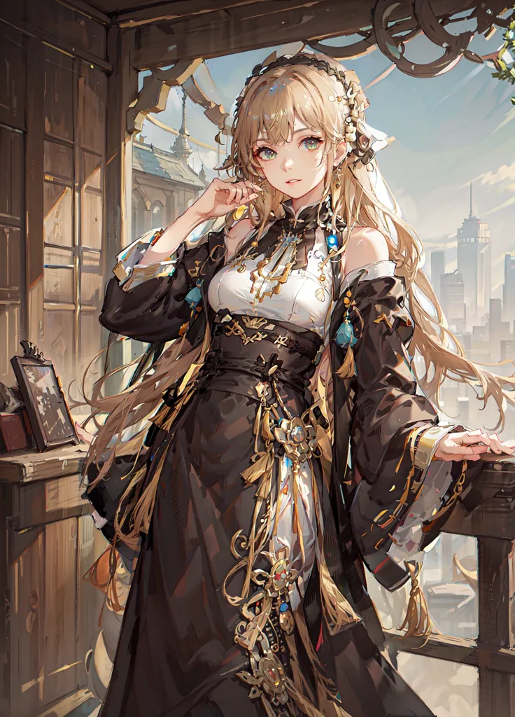 The image shows a beautiful young woman with long blonde hair and green eyes. She is wearing a traditional Chinese dress with a white top and a long black skirt. The dress is decorated with gold and silver embroidery. She is standing in a room with a wooden railing and a view of the city in the background.