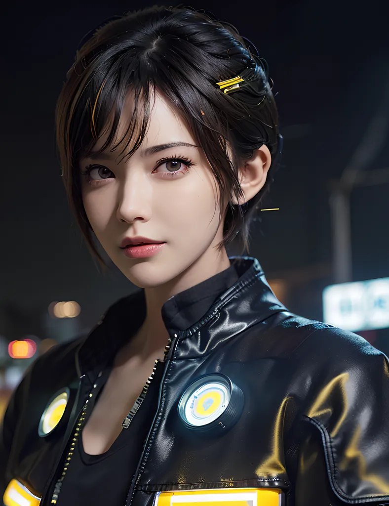 The image shows a young woman with short black hair and brown eyes. She is wearing a black leather jacket with yellow stripes and a yellow circle on the chest. The background is blurred with bokeh lights.