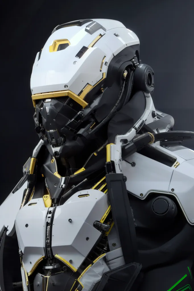 The image is a 3D rendering of a futuristic soldier wearing a helmet. The soldier is wearing white and black armor with gold highlights. The helmet has a visor and a breathing apparatus. The soldier's face is not visible. The background is black.