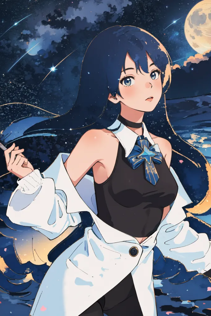 The image is of a young woman with long blue hair. She is wearing a black halter top and a white jacket. She is standing in front of a night sky with a full moon. She is holding a paintbrush in her right hand. She has a gentle smile on her face.