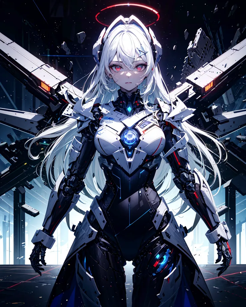 The image is of a young woman with long white hair and red eyes. She is wearing a white and black bodysuit with a blue core in the center. She also has a halo above her head and appears to be in some sort of futuristic setting.