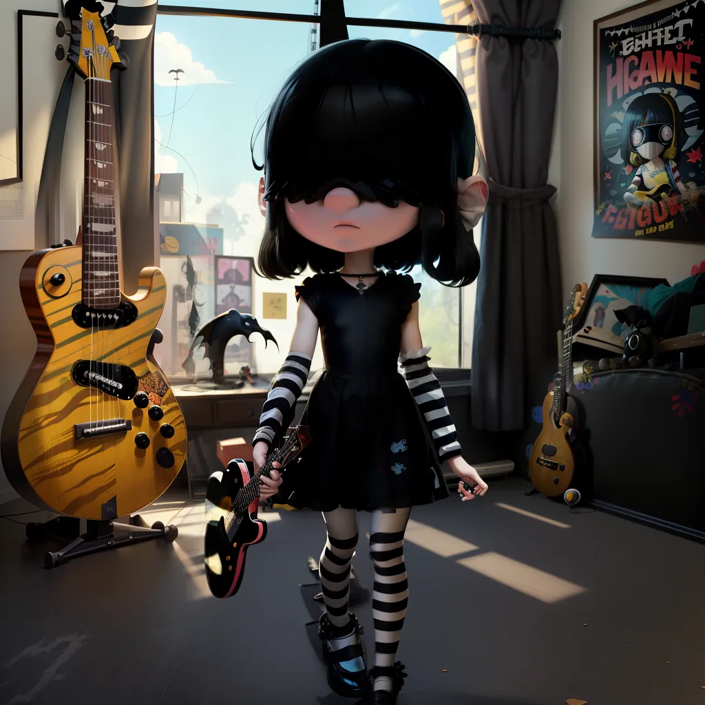 The image is of a young girl with black hair and bangs, pale skin, and dark circles under her eyes. She is wearing a black dress with a white collar and black leggings with white stripes. She is also wearing a pair of black boots and a necklace with a pendant in the shape of a bat. The girl is standing in a room with a large window, a brown curtain, and a gray carpet on the floor. There is a yellow electric guitar and a brown acoustic guitar in the room. There is also a poster of a band called \