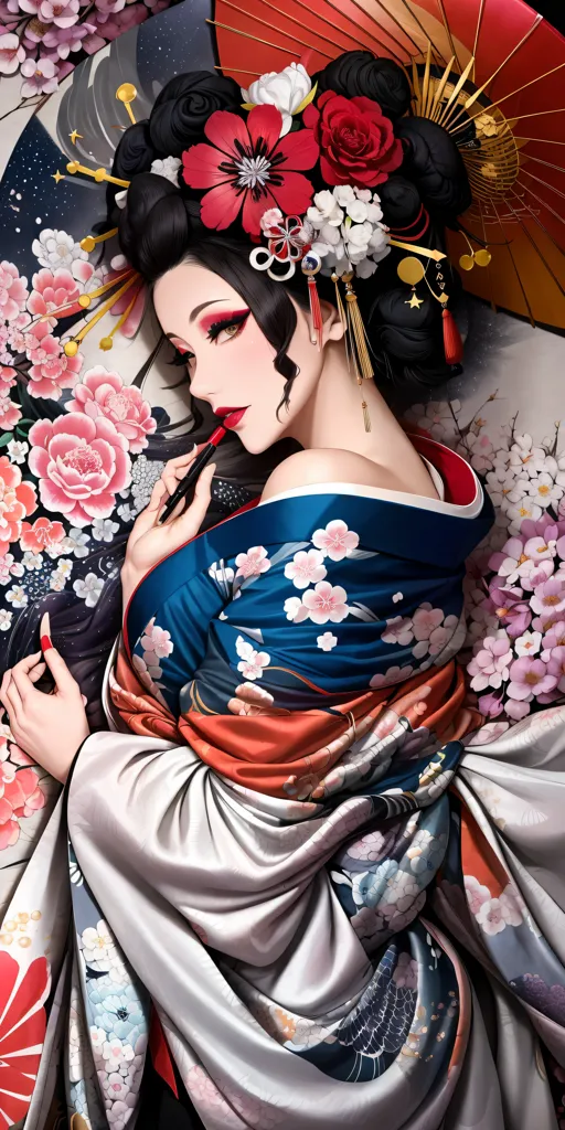 L'image est un portrait d'une belle femme japonaise. Elle porte un kimono traditionnel avec un motif floral et a ses cheveux arrangés dans un chignon élaboré. Elle tient un éventail rouge et regarde le spectateur avec une expression sereine. L'arrière-plan est un flou de fleurs de cerisier.