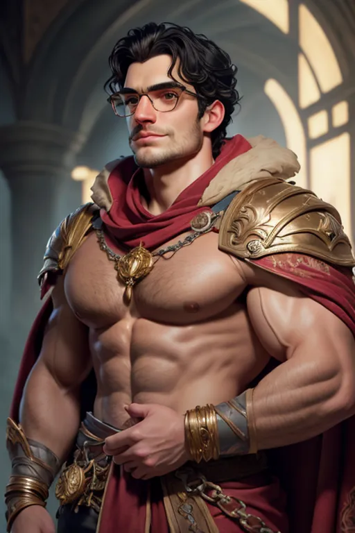 This is a picture of a muscular male with dark hair and brown eyes. He is wearing a red and gold tunic and has a gold necklace and bracelets on his arms. He is also wearing glasses. He has a confident expression on his face and is standing with one hand on his hip. He appears to be in a temple or other grand building.