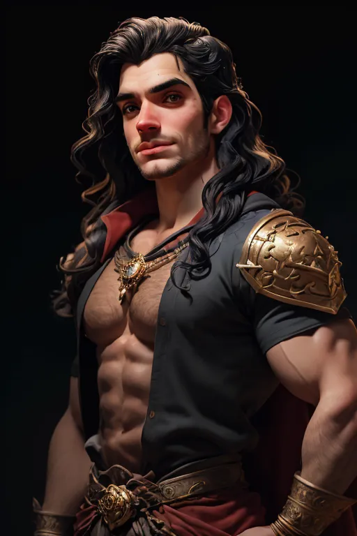 The image shows a man with long, wavy brown hair. He is wearing a black shirt with the collar unbuttoned, showing his muscular chest. He is also wearing a red cape with a gold clasp. He has a gold necklace with a red gem in the center, and a gold bracelet on his right wrist. He has a serious expression on his face.