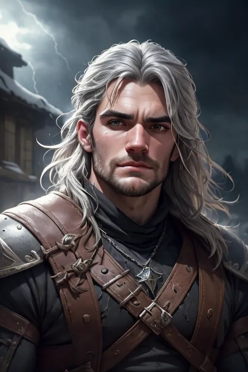 This is an image of a man with long white hair and green eyes. He is wearing a black leather jerkin with silver buckles and a silver necklace with a pendant in the shape of a wolf's head. He has a scar on his left cheek and looks like he is in his early 30s. He is standing in front of a dark background with a stormy sky.