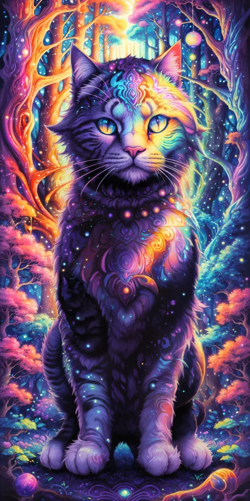 L'image est une représentation d'un chat aux couleurs vibrantes et aux motifs complexes ornant sa fourrure. Le chat est assis dans une forêt surréaliste et enchantée, entouré d'une myriade de plantes et de champignons lumineux. Les arbres en arrière-plan sont représentés avec des branches ressemblant à des bois, ajoutant une touche de fantaisie à la scène. Les yeux du chat sont grands ouverts et curieux, attirant le spectateur dans l'image. Sa fourrure est ornée de divers symboles et motifs, notamment des croissants de lune, des étoiles et des motifs floraux. L'atmosphère générale de l'image est celle de la magie et du mystère, invitant les spectateurs à explorer le monde fantastique qui y est représenté.