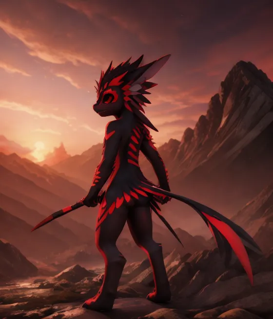 The image is of a muscular, bipedal, red and black dragon standing on a rock in front of a mountain range. The dragon has its back to the viewer, but its head is turned to the side so that its face is visible. It has a long, serpentine body with a spiked tail and large, feathered wings. Its head is long and narrow, with a prominent snout and sharp teeth. Its eyes are glowing red, and its scales are a deep red color. The background of the image is a mountain range, with the peaks of the mountains obscured by clouds. The sky is a gradient of red and orange, with the clouds reflecting the colors of the sky.