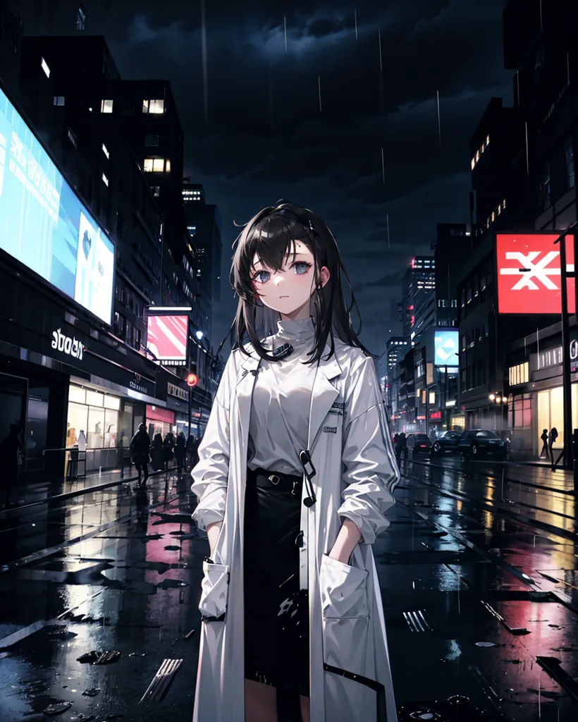 The image is a digital painting of a young woman standing in a rainy city street. She is wearing a white lab coat, a black skirt, and a black turtleneck sweater. She has long brown hair and purple eyes. The street is lit by neon lights and the rain is reflecting the lights. There are people walking in the background. The image is in a realistic style and the details are very sharp.