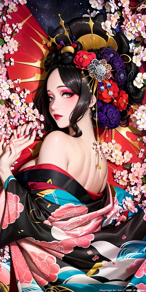 L'image est un portrait d'une belle femme japonaise. Elle porte un kimono traditionnel avec un motif floral et a un parapluie rouge en arrière-plan. Ses cheveux sont noirs et longs, et elle porte une coiffure traditionnelle japonaise avec des fleurs et des ornements dans ses cheveux. L'arrière-plan est un ciel nocturne avec de nombreuses étoiles. La peau de la femme est claire et sans défaut. Ses yeux sont sombres et en amande. Ses lèvres sont pleines et rouges. Elle porte un maquillage traditionnel japonais avec un fond de teint blanc, une ombre à paupières rouge et un eye-liner noir. L'image est très détaillée et réaliste.