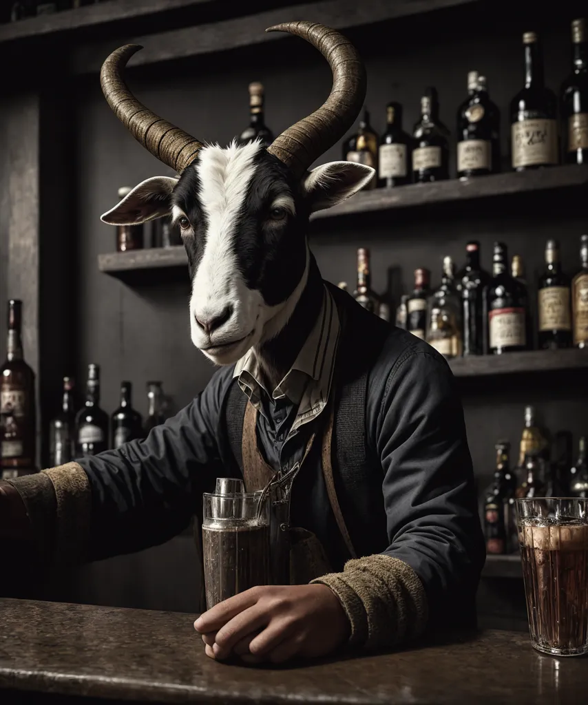 The image shows a goat-headed man in a bartender's outfit standing behind a bar counter. He is wearing a white shirt, black vest, and brown apron. He has a cocktail shaker in his hand and there are two glasses on the counter in front of him. There is a shelf of liquor bottles behind him.