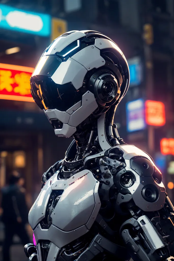 The image is a portrait of a robot. The robot is wearing a white and gray helmet with a black visor. The helmet is decorated with blue and red lights. The robot's body is made of white and gray metal. The robot has a muscular build and is standing in a powerful pose. The background of the image is a blurred city street with people walking by.