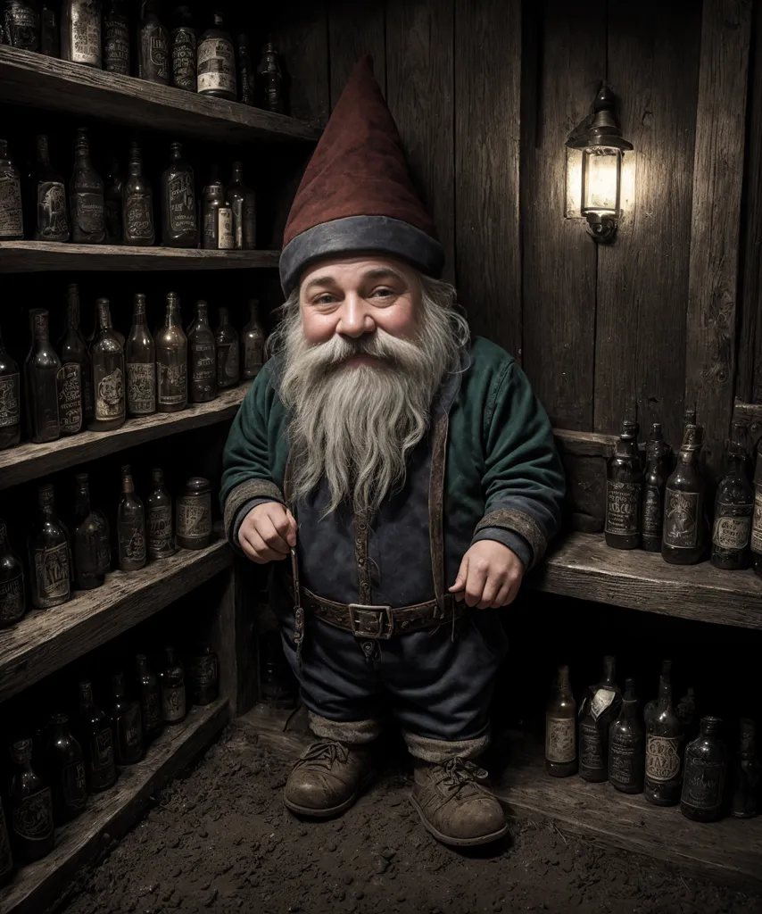 The image shows a male dwarf standing in a dark cellar. He is wearing a red pointed hat, a green shirt, and brown pants. He has a long white beard and a friendly smile on his face. He is surrounded by shelves stocked with bottles of wine and other alcoholic beverages.