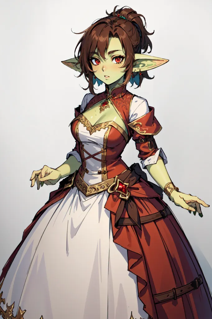 The image shows a green-skinned goblin girl with brown hair and red eyes. She is wearing a red and white dress with a corset and a long skirt. She is also wearing a necklace and earrings. The girl has a confident expression on her face and is standing with her hands on her hips.