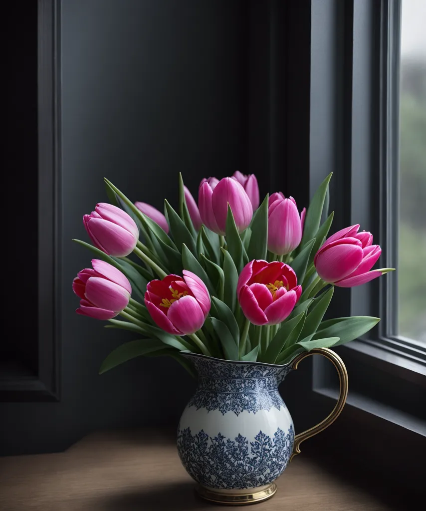 The image is a still life of a vase of pink tulips. The vase is sitting on a wooden table in front of a dark blue wall. There is a window to the right of the vase. The tulips are in different stages of bloom. Some of the tulips are fully open, while others are still closed buds. The petals of the tulips are a deep pink color. The leaves of the tulips are a light green color. The vase is a white and blue ceramic vase. The vase has a floral pattern on it. The vase has a gold rim. The table is a dark brown wood. The window is a dark blue color. The window is covered in raindrops. The image is taken from a low angle. The light in the image is coming from the window. The image is a still life. The image is a photograph.