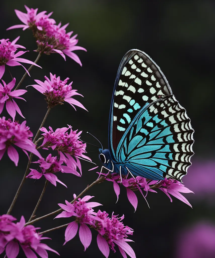 Una mariposa azul y negra está posada sobre un tallo de flores rosas. La mariposa tiene las alas extendidas, mostrando su intrincado patrón de venas y manchas. Los pétalos de las flores son delicados y tienen un color rosa claro. La mariposa está rodeada de hojas verde oscuro. El fondo es oscuro, lo que hace que la mariposa y las flores resalten.