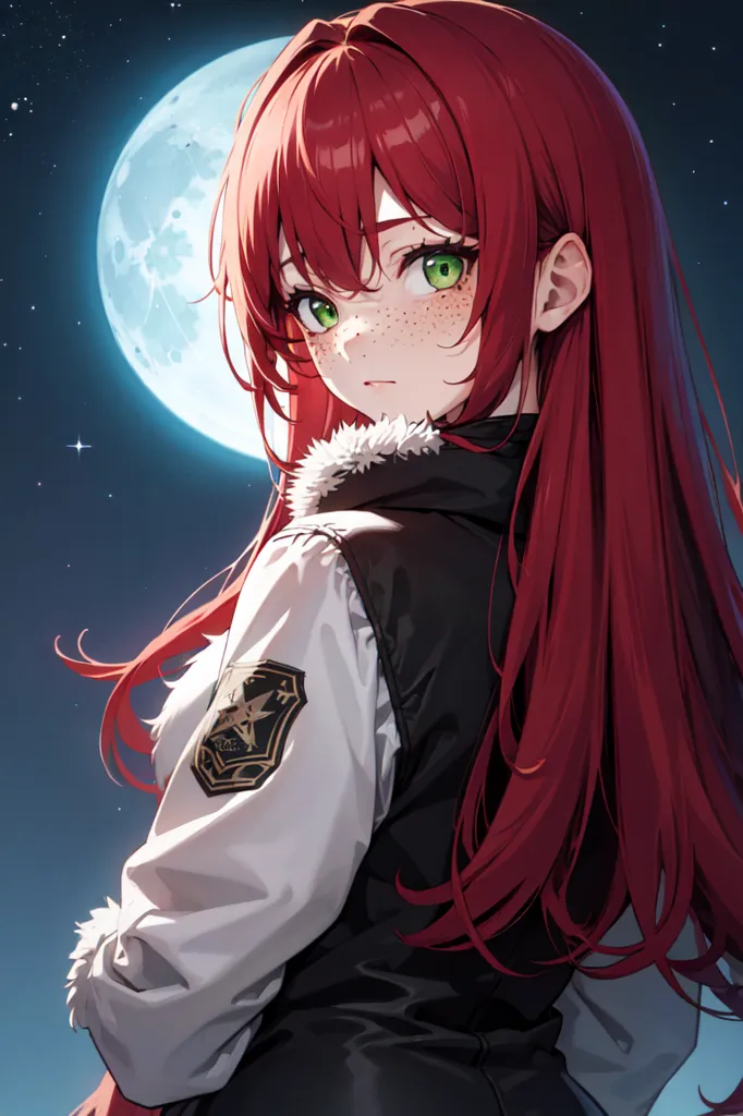 The image is a portrait of a young woman with long red hair and green eyes. She is wearing a white shirt, a black jacket, and a fur-lined hood. The background is a night sky with a full moon. The woman is looking at the viewer with a slightly sad expression.