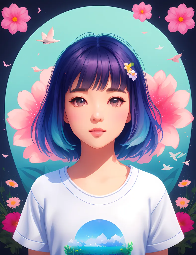 The image is a portrait of a young woman with short blue hair. She is wearing a white shirt and has a flower in her hair. The background is a light blue circle with pink flowers and white doves. The woman's eyes are dark brown and she has a serene expression on her face.