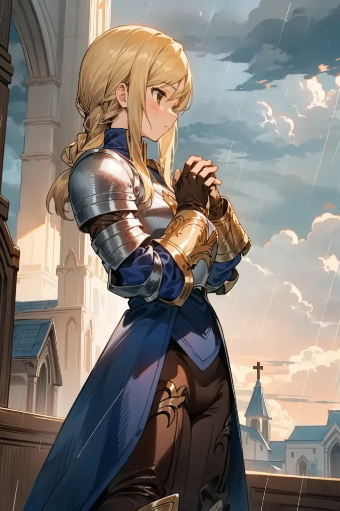 The image is of a young woman in medieval armor. She is standing on a rooftop, looking out over a city. The sky is cloudy and it looks like it is about to rain. The woman is wearing a blue tunic with silver and gold armor. She has a sword at her side and a shield on her back. Her hair is blonde and her eyes are blue. She is praying with her eyes closed.