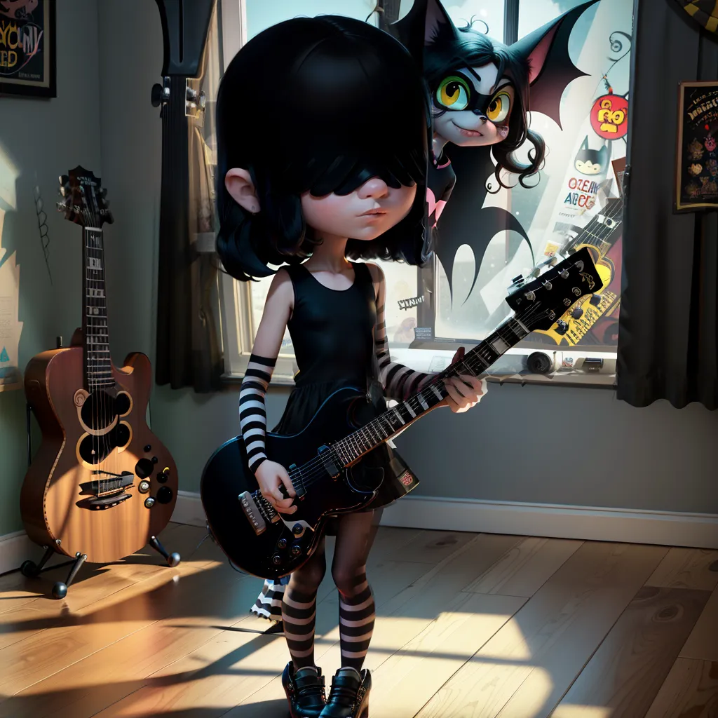 The image is of a girl with black hair and black clothes playing an electric guitar. She is standing in a room with a window and a door. There is a guitar leaning against the wall next to her. There is a bat sitting on the window sill behind her. The girl is looking at the window.