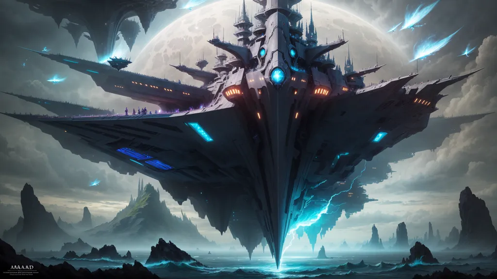 The image is a digital painting of a spaceship hovering above a planet. The spaceship is gray and blue, with a long, sleek body and a large, glowing engine at the back. It is surrounded by a number of smaller ships, which are also gray and blue. The planet is blue and green, with a large, white moon in the background. The surface of the planet is covered in mountains and forests. The image is very detailed, and the artist has used a variety of techniques to create a realistic and immersive scene.