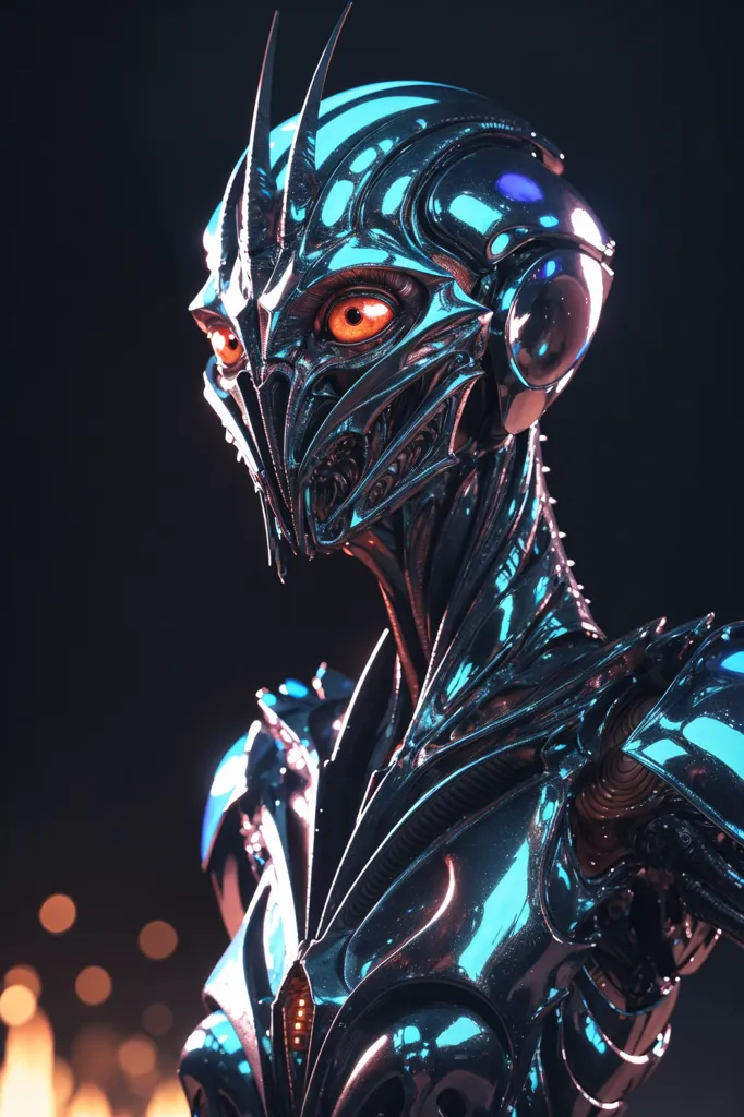 The image is a dark, close-up portrait of a robot or alien creature with glowing orange eyes. It has a metallic, blue-gray body with sharp edges and a visor over its eyes. The creature is looking to the right of the frame, and its face is partially obscured by its helmet. The background is dark with a few out of focus lights in the distance.