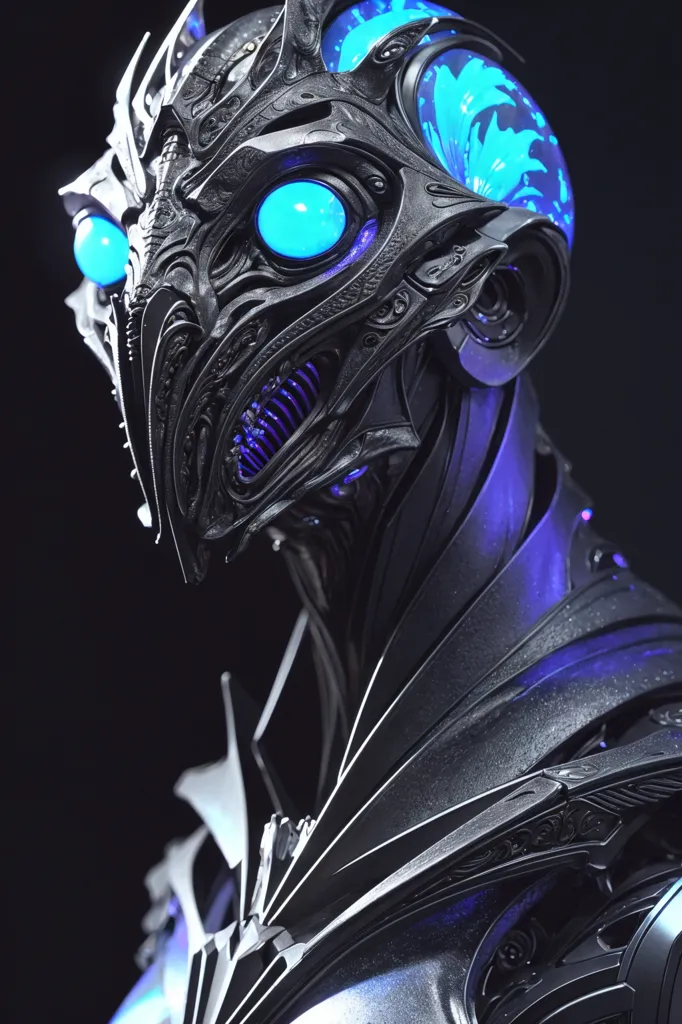 The image is a dark, detailed rendering of a robot head and upper torso. The robot is made of black metal with glowing blue eyes and a blue light on its head. The robot's head is shaped like a bird's beak, and it has a large, toothy mouth. The robot's body is covered in intricate details, and it looks like it is made of many different pieces. The background is black, and the robot is lit by a bright light.