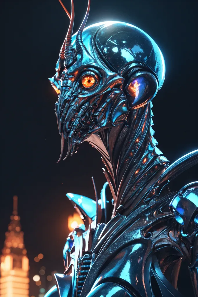 The image is a dark, close-up portrait of a robot with glowing orange eyes. The robot's head is metallic and has a complex, insect-like design, with a long, angular snout and a pair of antennae-like horns. The robot's body is also metallic and has a sleek, aerodynamic design. The background of the image is a blurred cityscape, with the lights of the city providing a source of illumination.