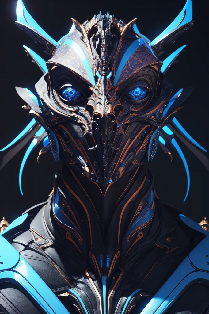 The image is a dark, detailed portrait of a cybernetic organism with glowing blue eyes. The organism has a metallic exoskeleton with intricate engravings and a pair of antennae-like protrusions from the top of its head. It is unclear what the organism is looking at, but its expression is one of intensity and focus. The background is dark and out of focus, with a few small points of light that may be stars or other distant objects.