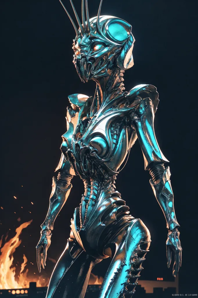 The image is a digital painting of a tall, slender woman with metallic blue skin and glowing white eyes. She is wearing a form-fitting suit of armor that covers her entire body, and her face is partially obscured by a helmet. The armor is decorated with intricate patterns and spikes, and she has a pair of antennae-like protrusions on her head. She is standing in a dark, fiery environment, and there are flames reflected on her metallic body.