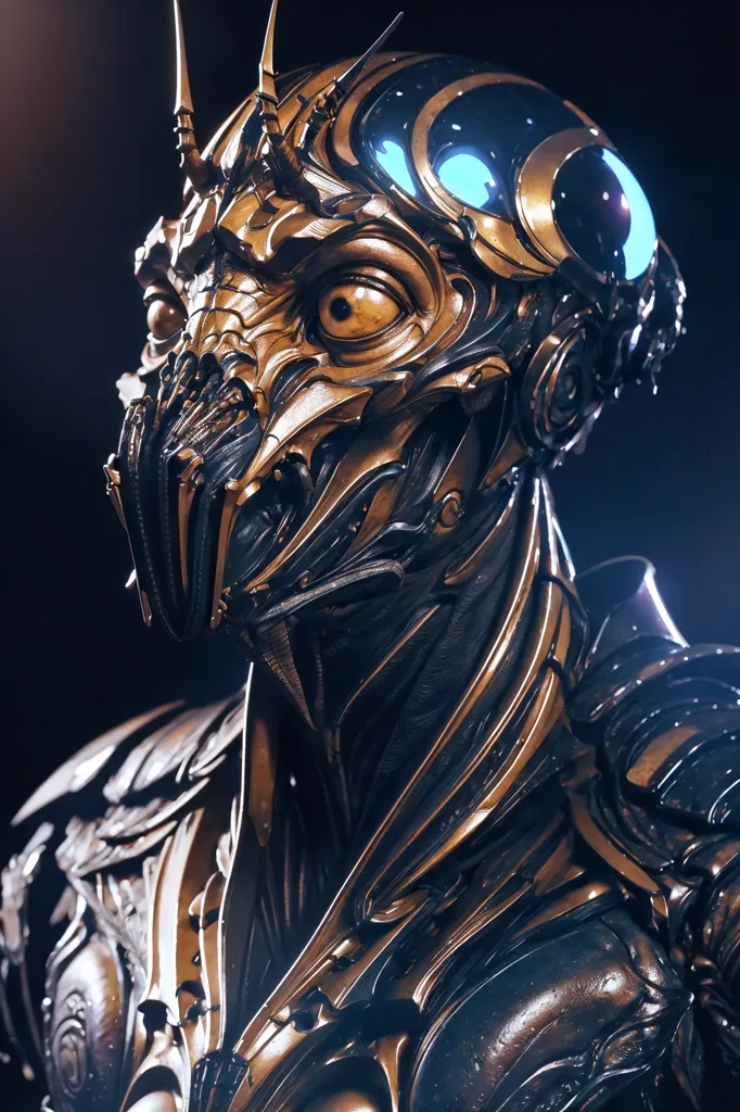 La imagen es un retrato oscuro y detallado de la cabeza de un robot. El robot está hecho de metal y tiene un acabado dorado. Tiene un ojo grande y cíclope, y una boca cubierta por una máscara. La cabeza del robot está rodeada por una serie de picos y protuberancias. Hay luces azules brillantes en la cabeza del robot. El robot mira al espectador con su único ojo.